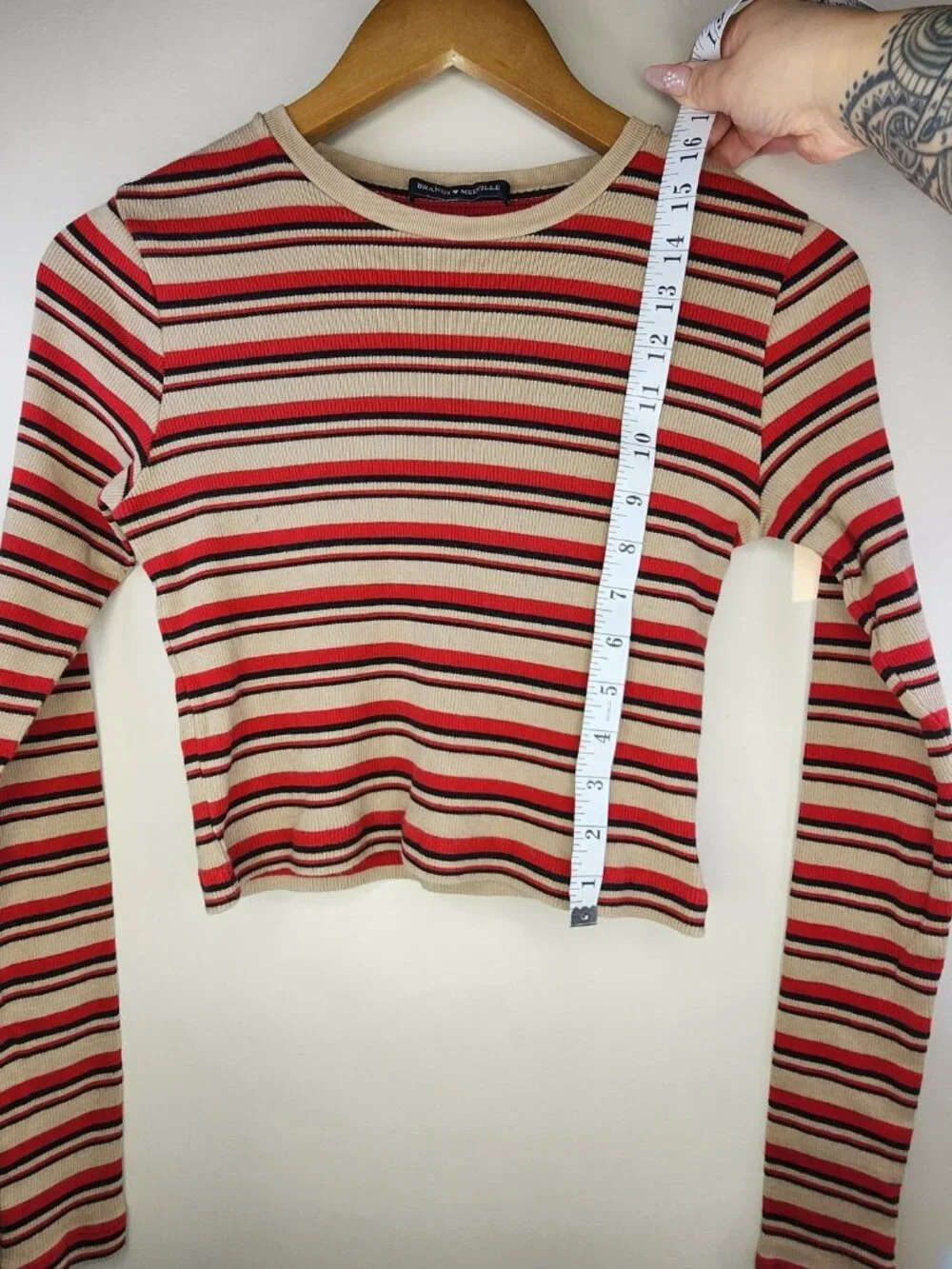Brandy Melville Stripe Ribbed Crop Top — Red/Cream, One Size | Long Sleeve Y2K - Picture 11 of 11